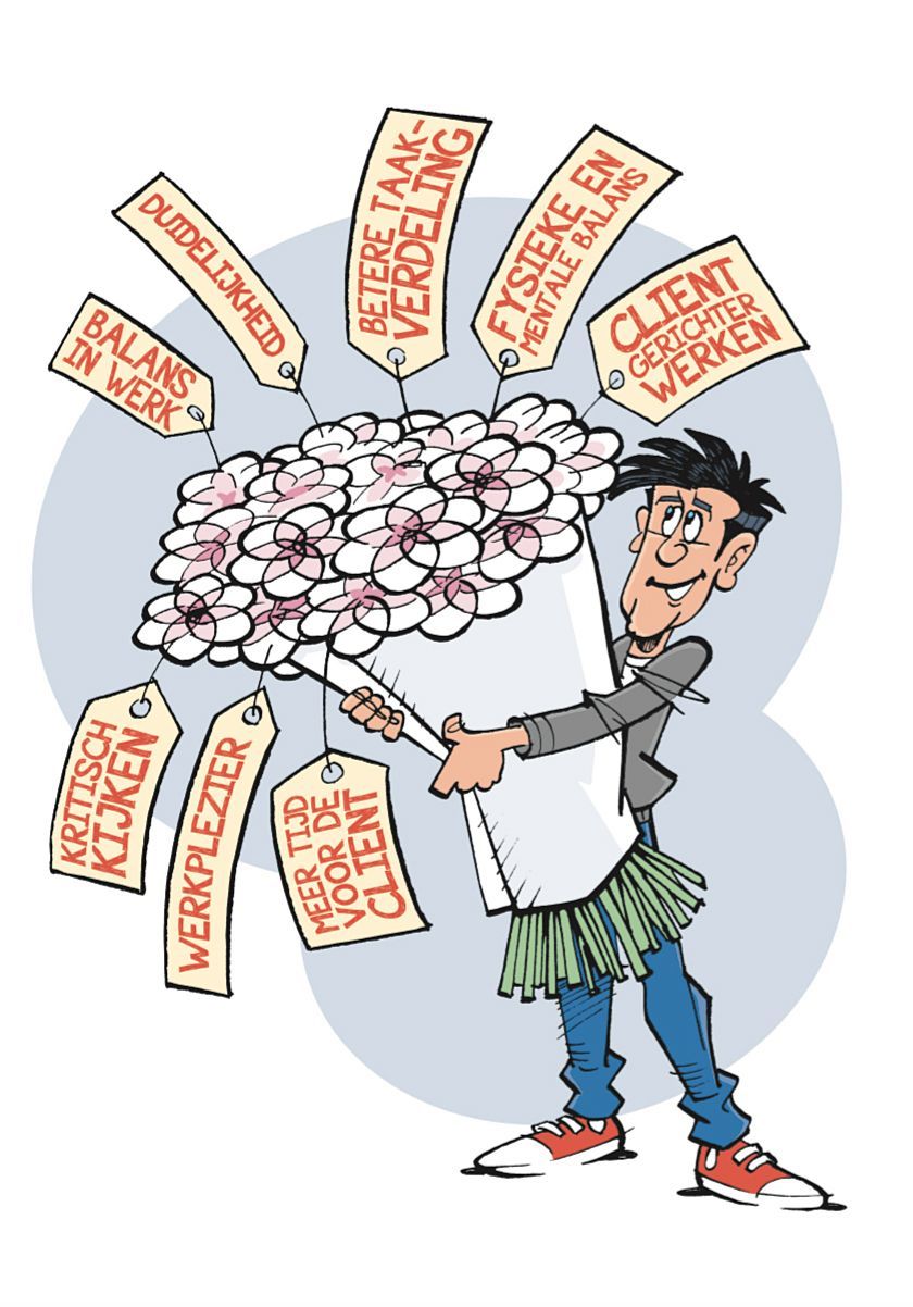 Illustratie van man met bos bloemen waarin tips voor leerpraktijk in steken (kleur)